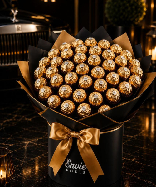 Luxury Ferrero Rocher bouquet with premium roses handcrafted by Envie Roses Prestige